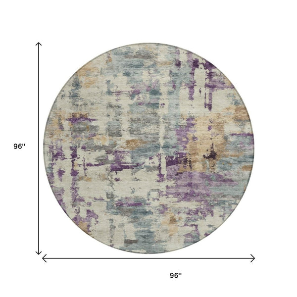 HomeRoots 5' Stylish Purple and Gold Abstract Area Rug - Durable, Washable, Indoor/Outdoor Design for Modern Spaces 8' Round 630869