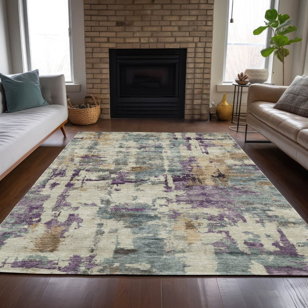 HomeRoots 5' Stylish Purple and Gold Abstract Area Rug - Durable, Washable, Indoor/Outdoor Design for Modern Spaces 9' X 12' 630871