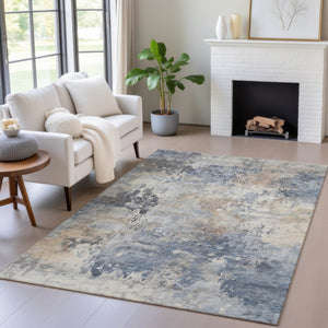 HomeRoots 5' Denim Blue Beige Charcoal Abstract Area Rug - Stylish, Washable, Indoor/Outdoor Versatility! 5' X 8' 630874