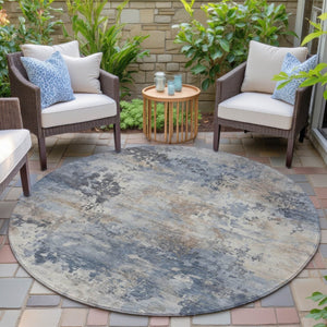 HomeRoots 5' Denim Blue Beige Charcoal Abstract Area Rug - Stylish, Washable, Indoor/Outdoor Versatility! 8' Round 630875