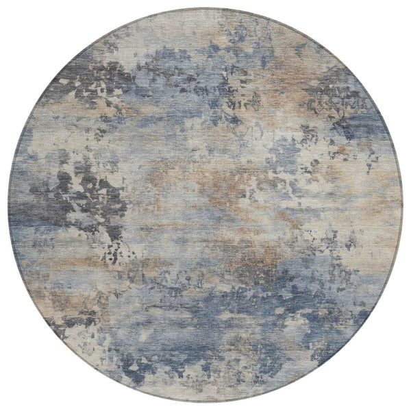 HomeRoots 5' Denim Blue Beige Charcoal Abstract Area Rug - Stylish, Washable, Indoor/Outdoor Versatility! 8' Round 630875