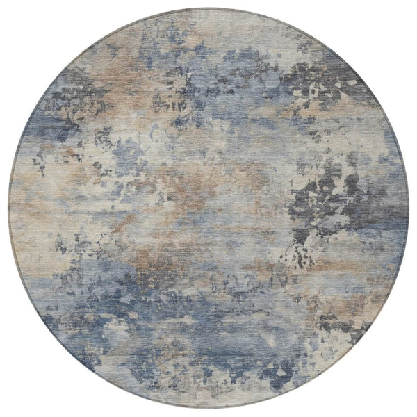 HomeRoots 5' Denim Blue Beige Charcoal Abstract Area Rug - Stylish, Washable, Indoor/Outdoor Versatility! 8' Round 630875