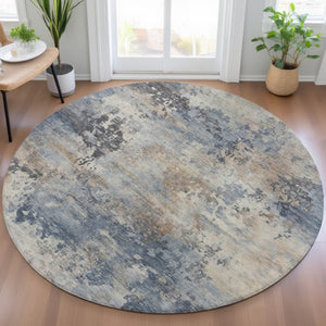 HomeRoots 5' Denim Blue Beige Charcoal Abstract Area Rug - Stylish, Washable, Indoor/Outdoor Versatility! 8' Round 630875