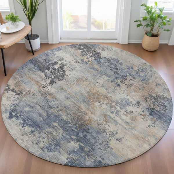 HomeRoots 5' Denim Blue Beige Charcoal Abstract Area Rug - Stylish, Washable, Indoor/Outdoor Versatility! 8' Round 630875