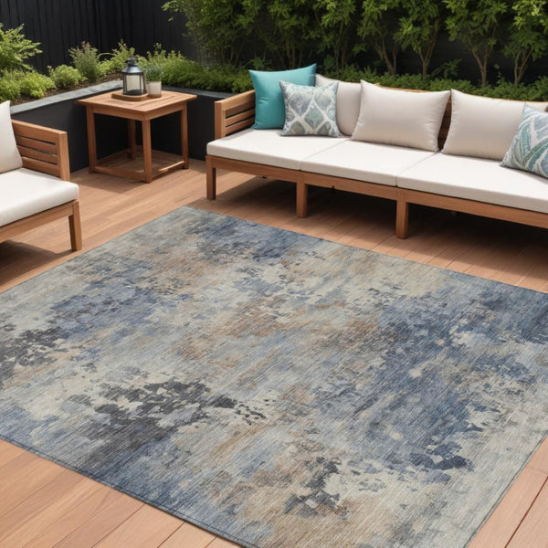 HomeRoots 5' Denim Blue Beige Charcoal Abstract Area Rug - Stylish, Washable, Indoor/Outdoor Versatility! 9' X 12' 630877