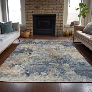 HomeRoots 5' Denim Blue Beige Charcoal Abstract Area Rug - Stylish, Washable, Indoor/Outdoor Versatility! 10' X 14' 630878