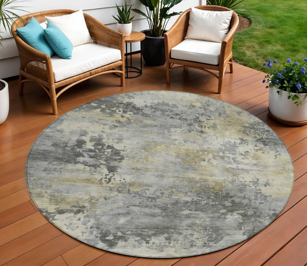 HomeRoots 5' Modern Abstract Pewter Charcoal and Gold Washable Area Rug for Indoor and Outdoor Spaces 8' Round 630881