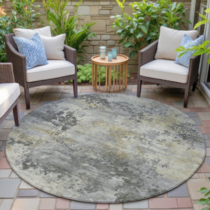 HomeRoots 5' Modern Abstract Pewter Charcoal and Gold Washable Area Rug for Indoor and Outdoor Spaces 8' Round 630881