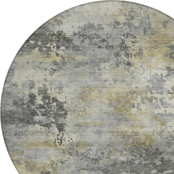 HomeRoots 5' Modern Abstract Pewter Charcoal and Gold Washable Area Rug for Indoor and Outdoor Spaces 8' Round 630881