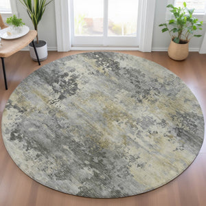 HomeRoots 5' Modern Abstract Pewter Charcoal and Gold Washable Area Rug for Indoor and Outdoor Spaces 8' Round 630881