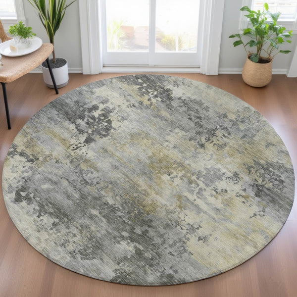 HomeRoots 5' Modern Abstract Pewter Charcoal and Gold Washable Area Rug for Indoor and Outdoor Spaces 8' Round 630881