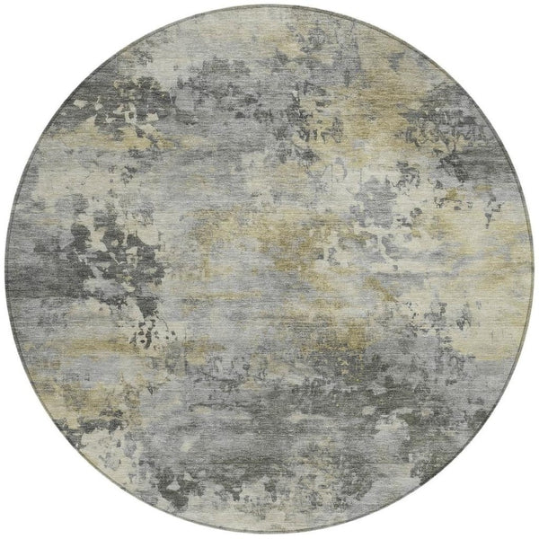 HomeRoots 5' Modern Abstract Pewter Charcoal and Gold Washable Area Rug for Indoor and Outdoor Spaces 8' Round 630881