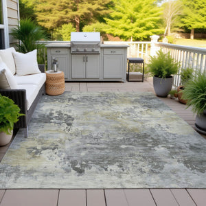 HomeRoots 5' Modern Abstract Pewter Charcoal and Gold Washable Area Rug for Indoor and Outdoor Spaces 9' X 12' 630883