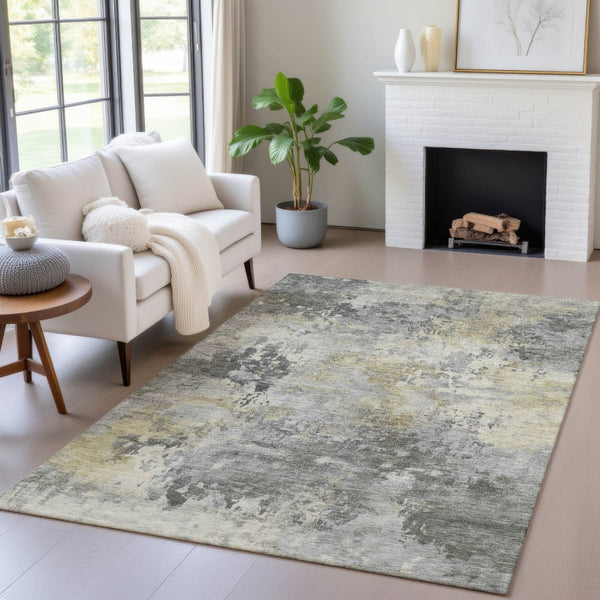 HomeRoots 5' Modern Abstract Pewter Charcoal and Gold Washable Area Rug for Indoor and Outdoor Spaces 9' X 12' 630883