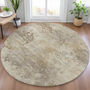 HomeRoots 5' Durable Tan and Beige Abstract Washable Area Rug for Versatile Indoor and Outdoor Spaces 8' Round 630893