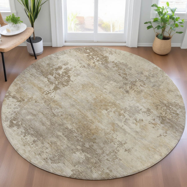 HomeRoots 5' Durable Tan and Beige Abstract Washable Area Rug for Versatile Indoor and Outdoor Spaces 8' Round 630893