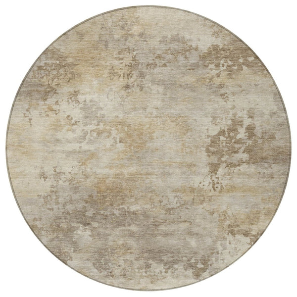 HomeRoots 5' Durable Tan and Beige Abstract Washable Area Rug for Versatile Indoor and Outdoor Spaces 8' Round 630893