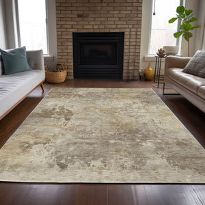 HomeRoots 5' Durable Tan and Beige Abstract Washable Area Rug for Versatile Indoor and Outdoor Spaces 9' X 12' 630895