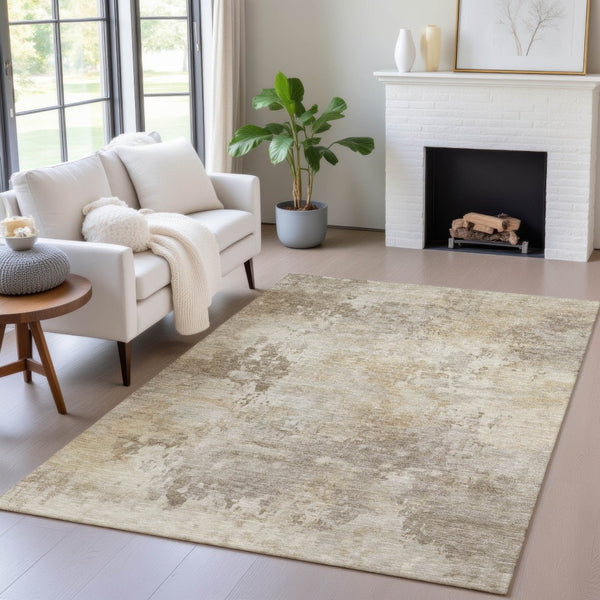 HomeRoots 5' Durable Tan and Beige Abstract Washable Area Rug for Versatile Indoor and Outdoor Spaces 10' X 14' 630896