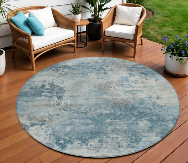 HomeRoots 5' Teal Blue and Beige Abstract Area Rug - Stylish, Washable, Durable for Indoor and Outdoor Use 8' Round 630899