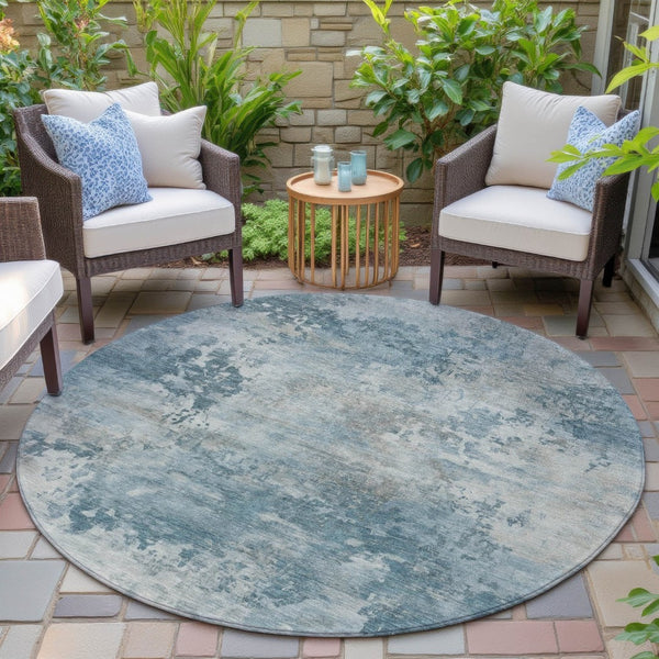 HomeRoots 5' Teal Blue and Beige Abstract Area Rug - Stylish, Washable, Durable for Indoor and Outdoor Use 8' Round 630899