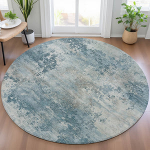 HomeRoots 5' Teal Blue and Beige Abstract Area Rug - Stylish, Washable, Durable for Indoor and Outdoor Use 8' Round 630899