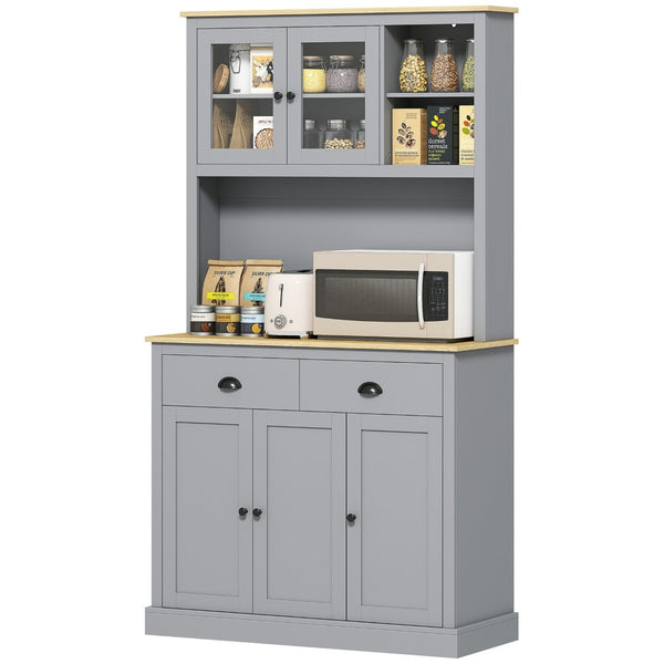 English Elm 71" Two-tone Gray Oak Pantry Cabinet with Glass Doors Drawers and Cable-ready Top T3971P417180