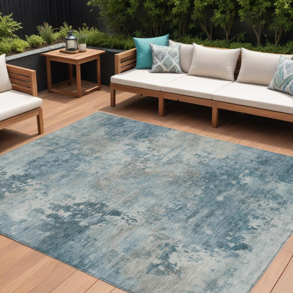 HomeRoots 5' Teal Blue and Beige Abstract Area Rug - Stylish, Washable, Durable for Indoor and Outdoor Use 8' X 10' 630900