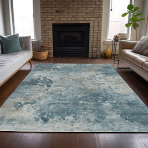 HomeRoots 5' Teal Blue and Beige Abstract Area Rug - Stylish, Washable, Durable for Indoor and Outdoor Use 8' X 10' 630900