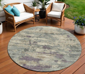 HomeRoots 5' Sage Gray and Plum Abstract Area Rug - Washable, Durable, Indoor/Outdoor, Perfect for High Traffic Spaces 8' Round 630905