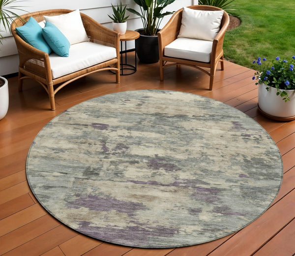 HomeRoots 5' Sage Gray and Plum Abstract Area Rug - Washable, Durable, Indoor/Outdoor, Perfect for High Traffic Spaces 8' Round 630905
