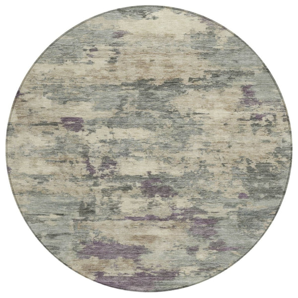 HomeRoots 5' Sage Gray and Plum Abstract Area Rug - Washable, Durable, Indoor/Outdoor, Perfect for High Traffic Spaces 8' Round 630905