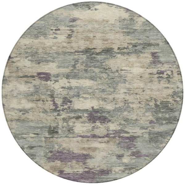 HomeRoots 5' Sage Gray and Plum Abstract Area Rug - Washable, Durable, Indoor/Outdoor, Perfect for High Traffic Spaces 8' Round 630905
