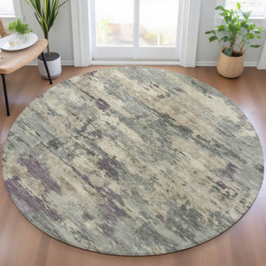 HomeRoots 5' Sage Gray and Plum Abstract Area Rug - Washable, Durable, Indoor/Outdoor, Perfect for High Traffic Spaces 8' Round 630905