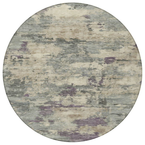 HomeRoots 5' Sage Gray and Plum Abstract Area Rug - Washable, Durable, Indoor/Outdoor, Perfect for High Traffic Spaces 8' Round 630905