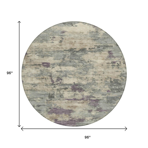 HomeRoots 5' Sage Gray and Plum Abstract Area Rug - Washable, Durable, Indoor/Outdoor, Perfect for High Traffic Spaces 8' Round 630905