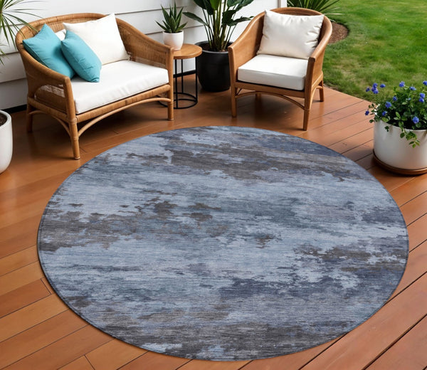 HomeRoots 5' Blue and Charcoal Abstract Area Rug - Stylish, Washable, Durable for Indoor and Outdoor Use 8' Round 630917