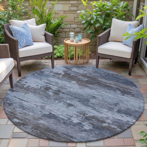 HomeRoots 5' Blue and Charcoal Abstract Area Rug - Stylish, Washable, Durable for Indoor and Outdoor Use 8' Round 630917