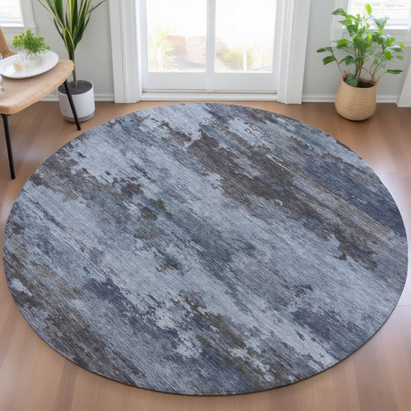 HomeRoots 5' Blue and Charcoal Abstract Area Rug - Stylish, Washable, Durable for Indoor and Outdoor Use 8' Round 630917