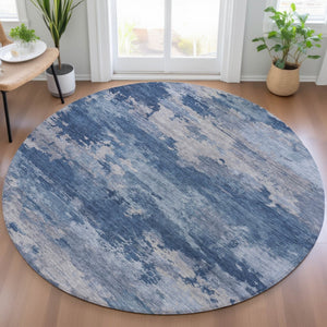 HomeRoots 5' Navy Blue and Ivory Abstract Area Rug - Durable, Washable Design for Indoor and Outdoor Spaces 8' Round 630929