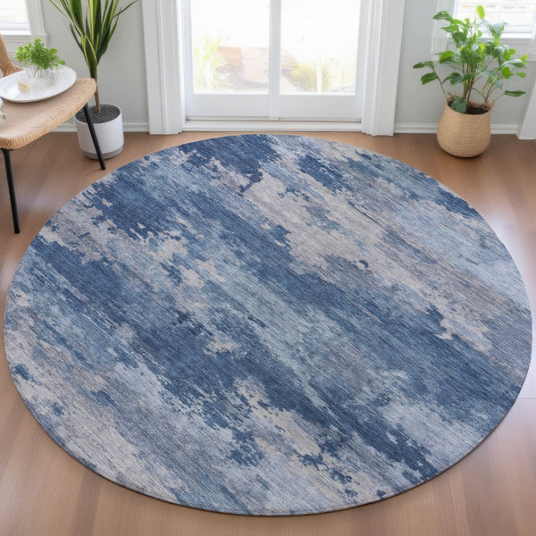 HomeRoots 5' Navy Blue and Ivory Abstract Area Rug - Durable, Washable Design for Indoor and Outdoor Spaces 8' Round 630929