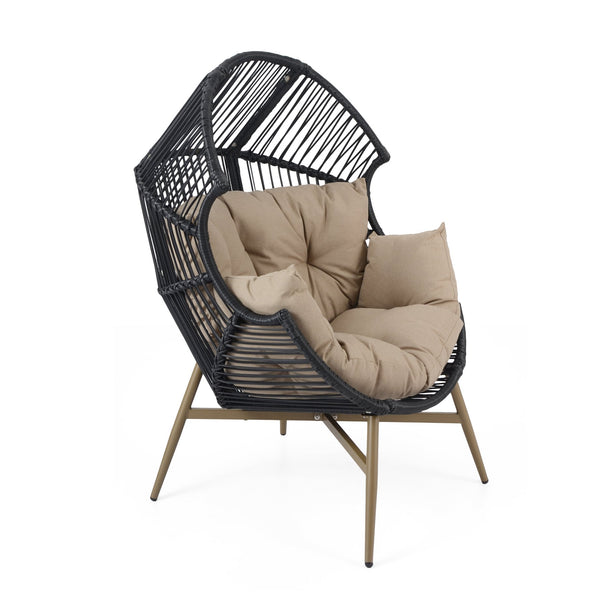 English Elm Christopher Knight Home® - Cori Black Faux Wicker Egg Chair with Khaki Cushion — Weather-Resistant, Handwoven Comfort Retreat N775P225486B