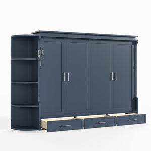 English Elm Queen Murphy Wall Bed with Side Cabinets Open Shelving and Drawers for Studio Rooms Blue W1580S00453