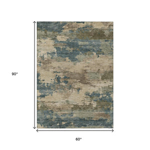HomeRoots 5' Durable Teal Blue and Beige Abstract Area Rug for Indoor and Outdoor Use, Stylish and Washable 5' X 8' 630940