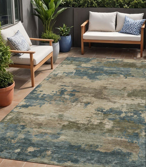 HomeRoots 5' Durable Teal Blue and Beige Abstract Area Rug for Indoor and Outdoor Use, Stylish and Washable 5' X 8' 630940