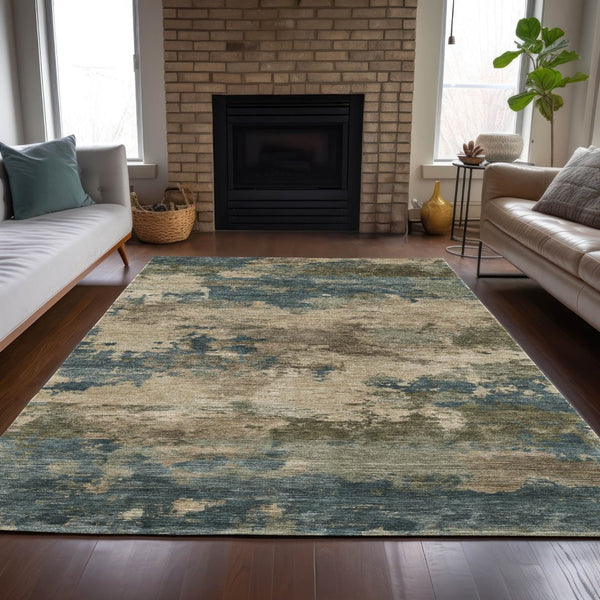 HomeRoots 5' Durable Teal Blue and Beige Abstract Area Rug for Indoor and Outdoor Use, Stylish and Washable 5' X 8' 630940