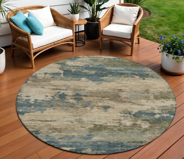 HomeRoots 5' Durable Teal Blue and Beige Abstract Area Rug for Indoor and Outdoor Use, Stylish and Washable 8' Round 630941