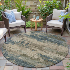HomeRoots 5' Durable Teal Blue and Beige Abstract Area Rug for Indoor and Outdoor Use, Stylish and Washable 8' Round 630941