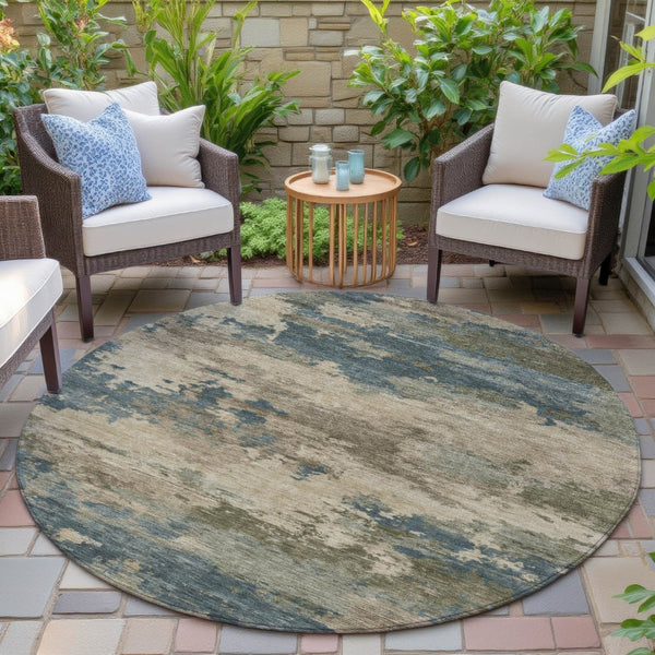 HomeRoots 5' Durable Teal Blue and Beige Abstract Area Rug for Indoor and Outdoor Use, Stylish and Washable 8' Round 630941