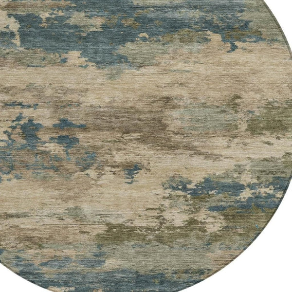 HomeRoots 5' Durable Teal Blue and Beige Abstract Area Rug for Indoor and Outdoor Use, Stylish and Washable 8' Round 630941